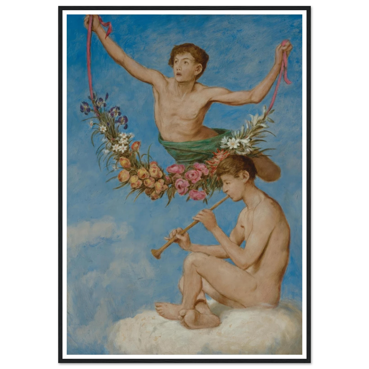 Mai (zwei Jugendliche Genien mit Blumen) (1906) Art Print | Hans Thoma - Framed Poster - 30x40 cm / 12x16″ - Black frame