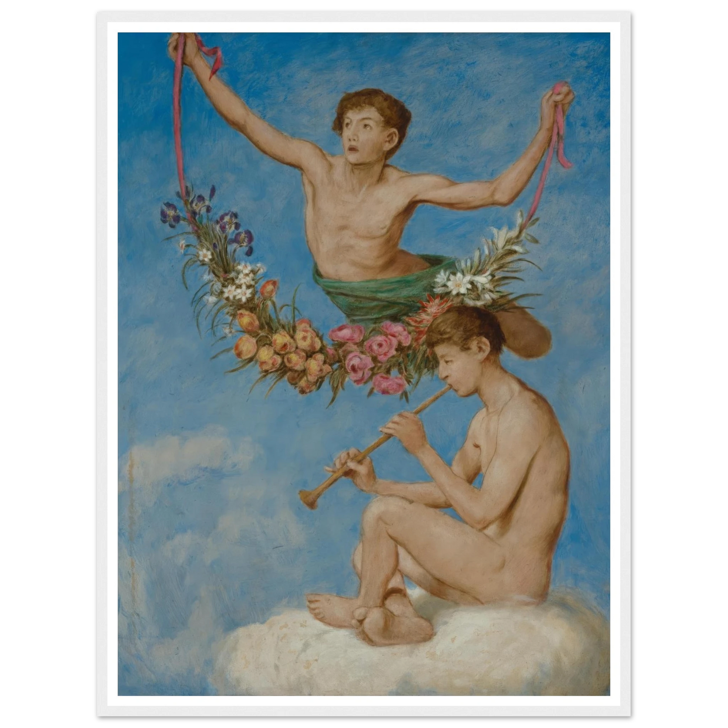 Mai (zwei Jugendliche Genien mit Blumen) (1906) Art Print | Hans Thoma - Framed Poster - 30x40 cm / 12x16″ - Black frame