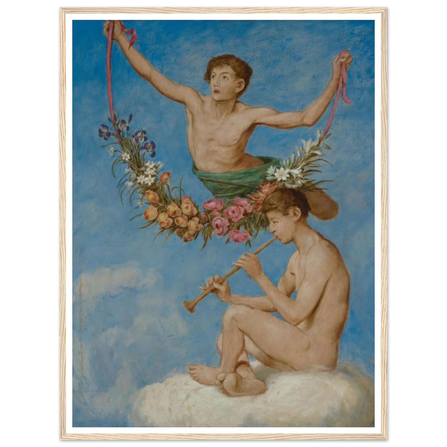 Mai (zwei Jugendliche Genien mit Blumen) (1906) Art Print | Hans Thoma - Framed Poster - 30x40 cm / 12x16″ - Black frame