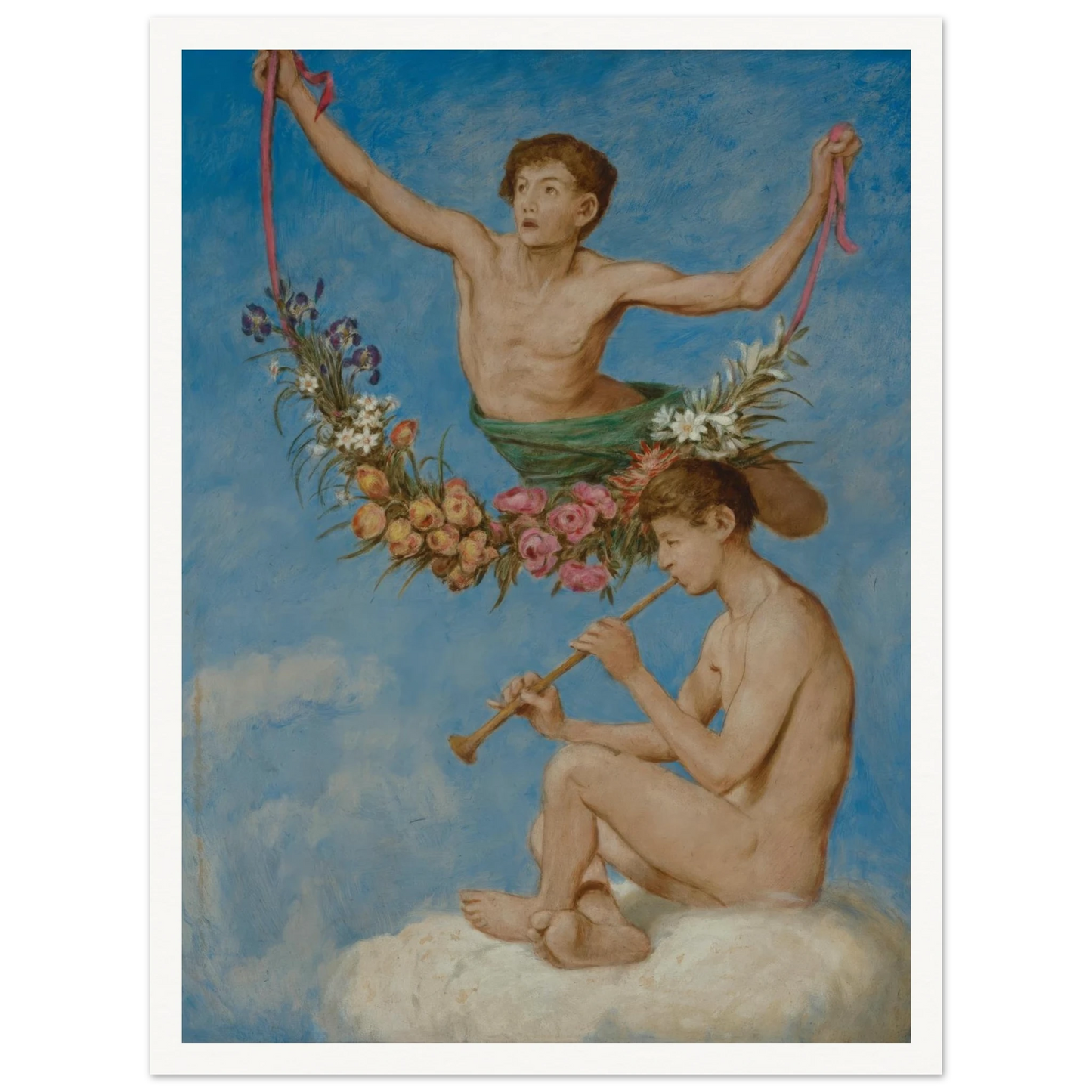 Mai (zwei Jugendliche Genien mit Blumen) (1906) Art Print | Hans Thoma - Framed Poster - 30x40 cm / 12x16″ - Black frame