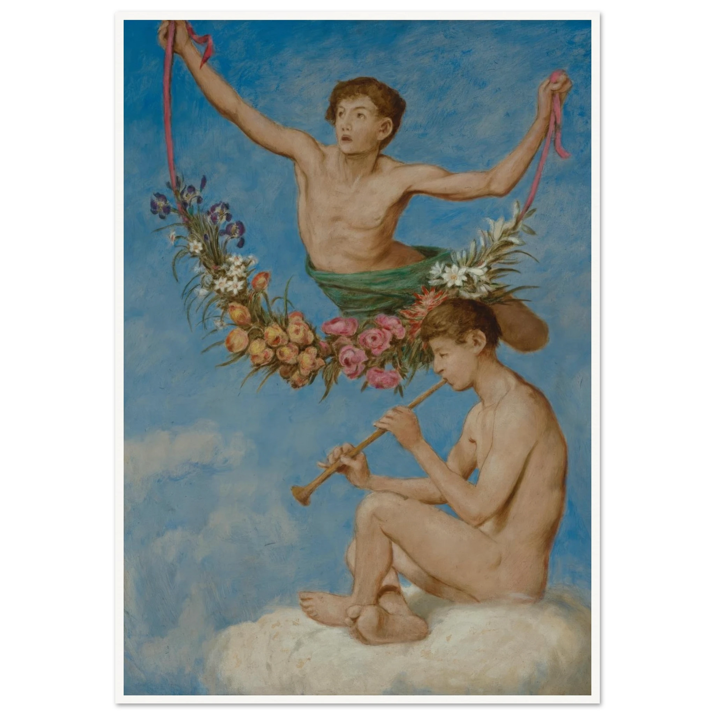 Mai (zwei Jugendliche Genien mit Blumen) (1906) Art Print | Hans Thoma - Framed Poster - 30x40 cm / 12x16″ - Black frame