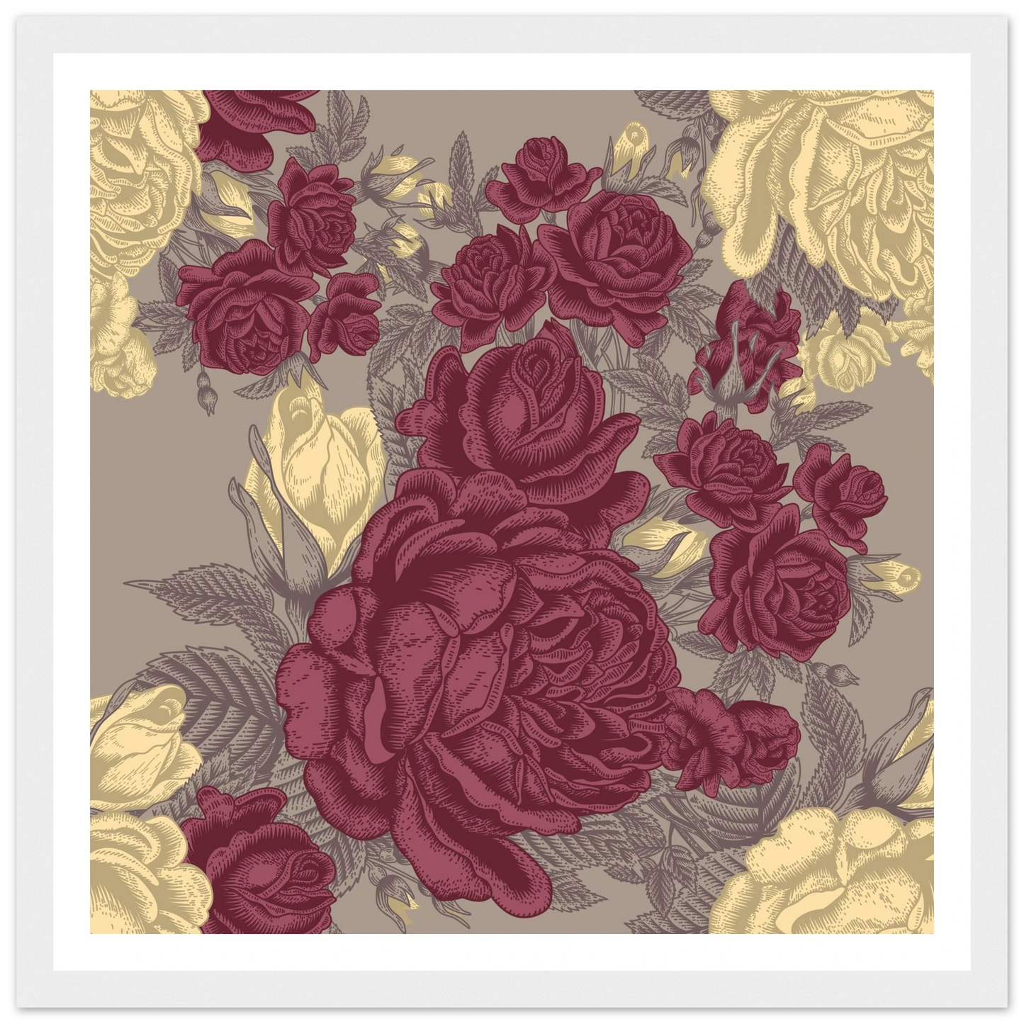 Maroon Rose Posy Art Print | William Morris Inspired - Framed Poster - 30x30 cm / 12x12″ - Black frame
