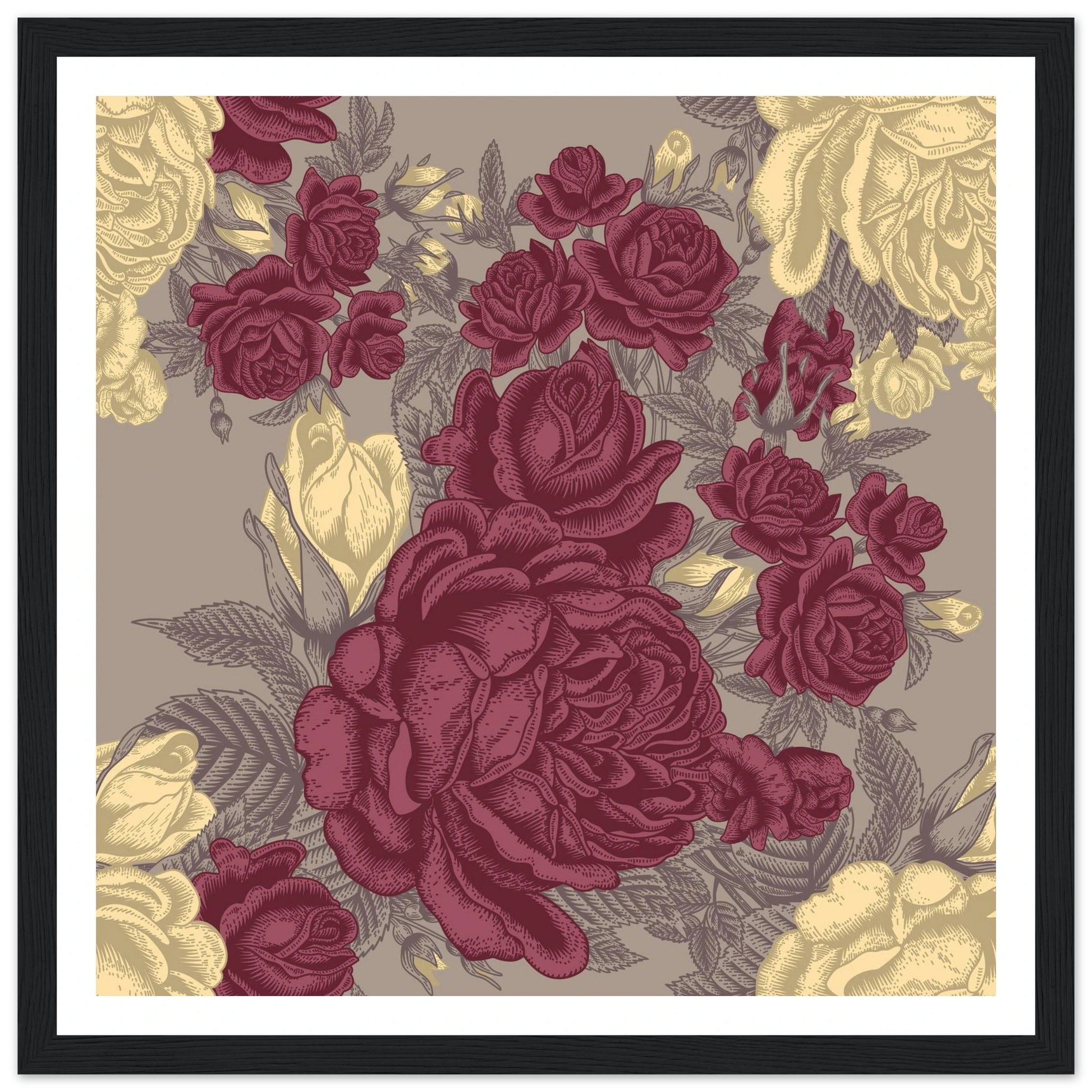 Maroon Rose Posy Art Print | William Morris Inspired - Framed Poster - 30x30 cm / 12x12″ - Black frame