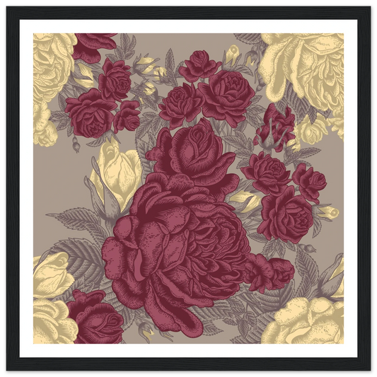 Maroon Rose Posy Art Print | William Morris Inspired - Framed Poster - 30x30 cm / 12x12″ - Black frame