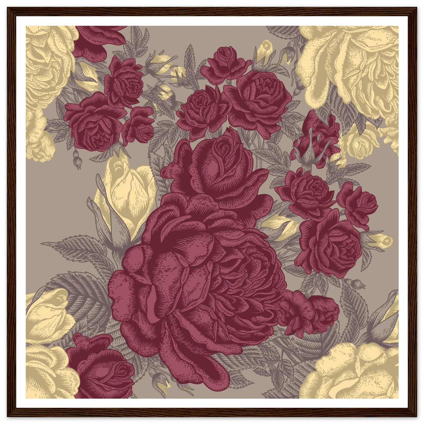 Maroon Rose Posy Art Print | William Morris Inspired - Framed Poster - 30x30 cm / 12x12″ - Black frame