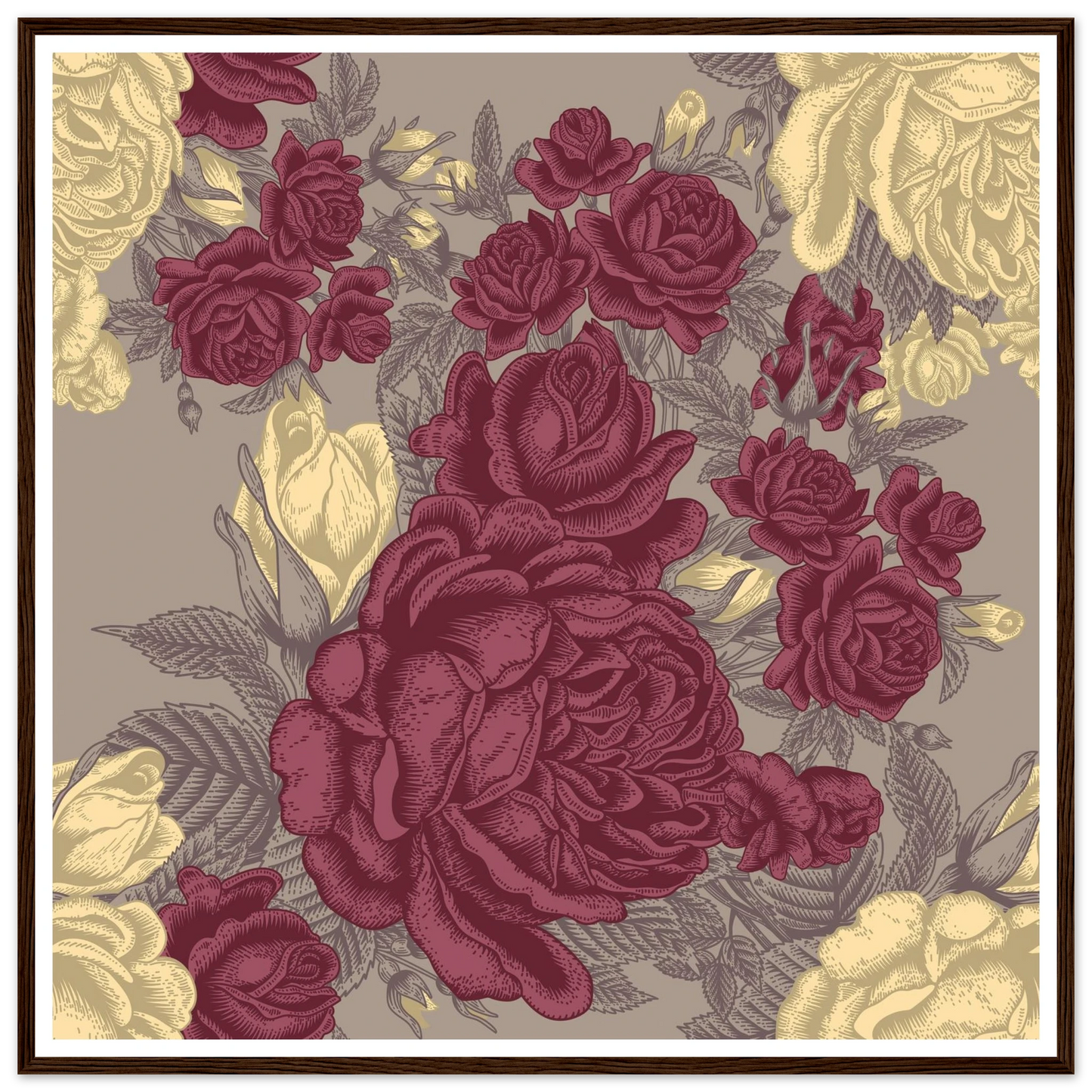 Maroon Rose Posy Art Print | William Morris Inspired - Framed Poster - 30x30 cm / 12x12″ - Black frame
