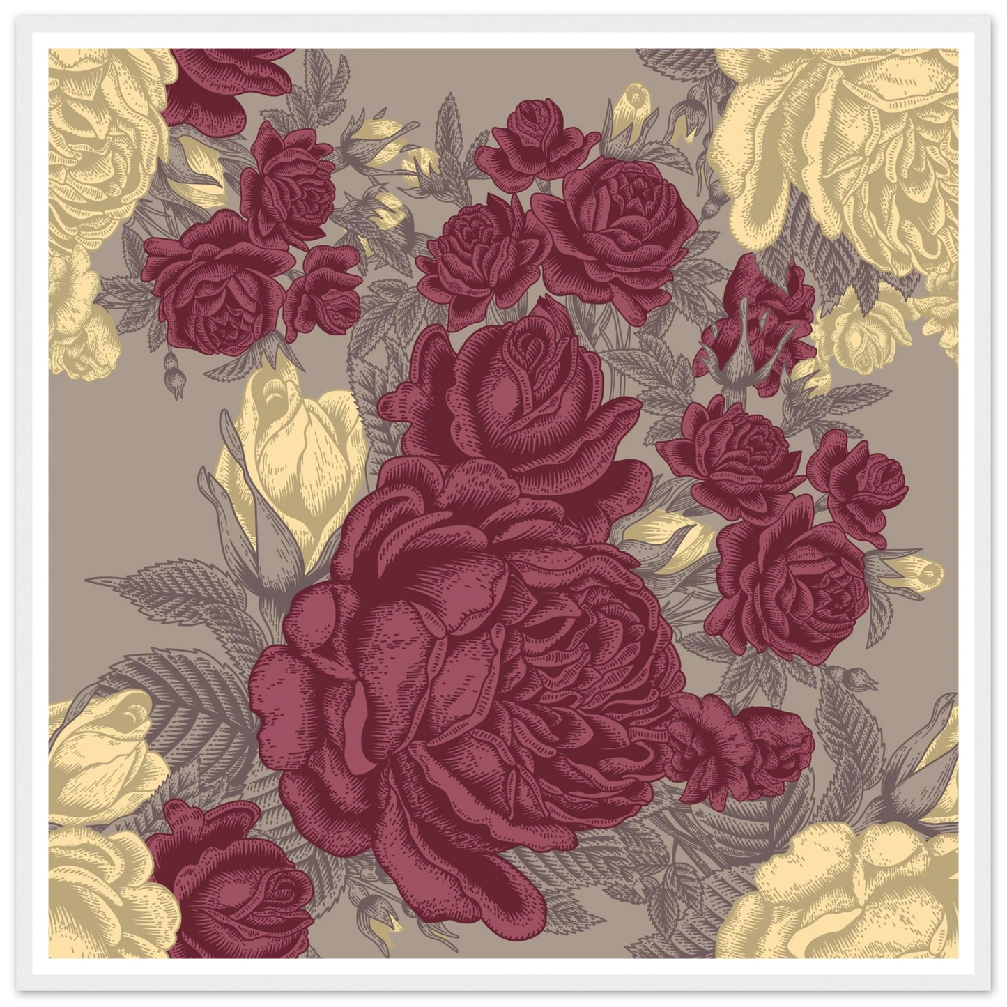 Maroon Rose Posy Art Print | William Morris Inspired - Framed Poster - 30x30 cm / 12x12″ - Black frame