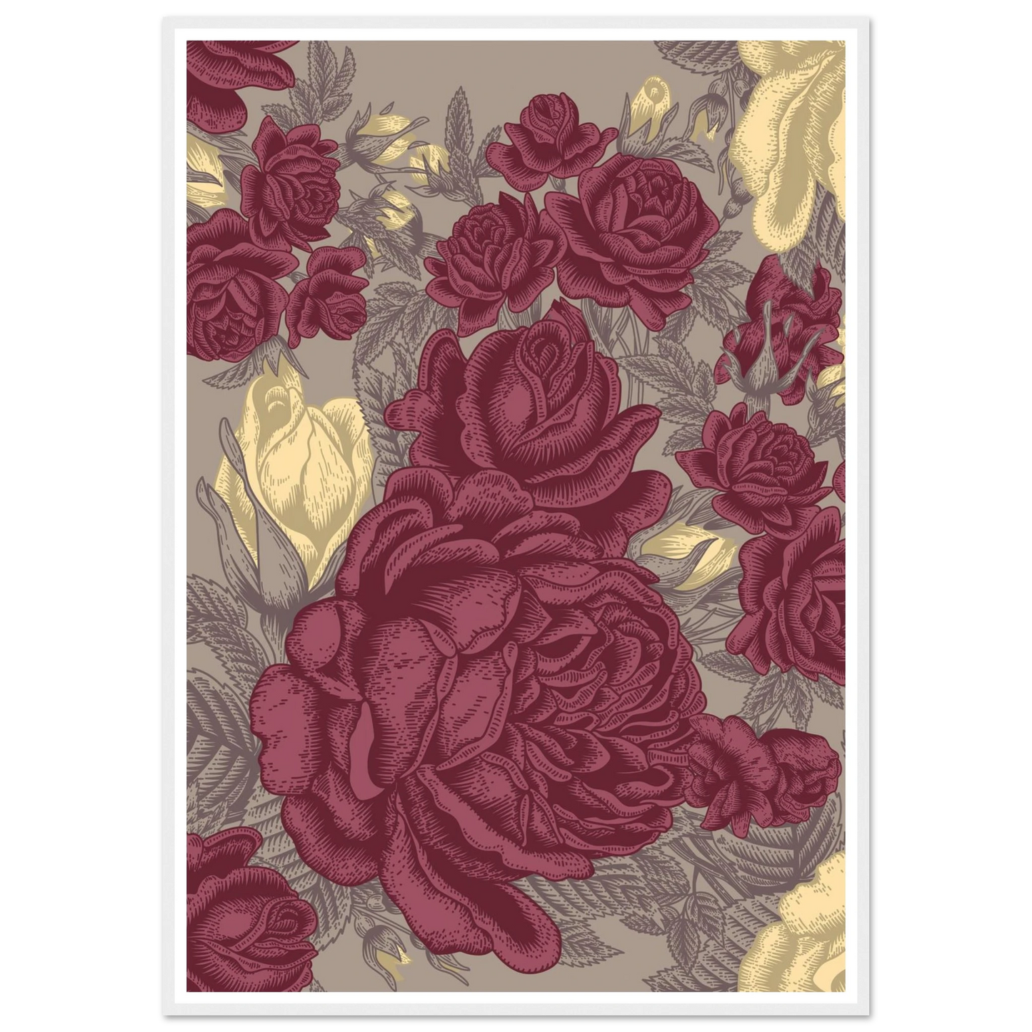 Maroon Rose Posy Art Print | William Morris Inspired - Framed Poster - 30x30 cm / 12x12″ - Black frame