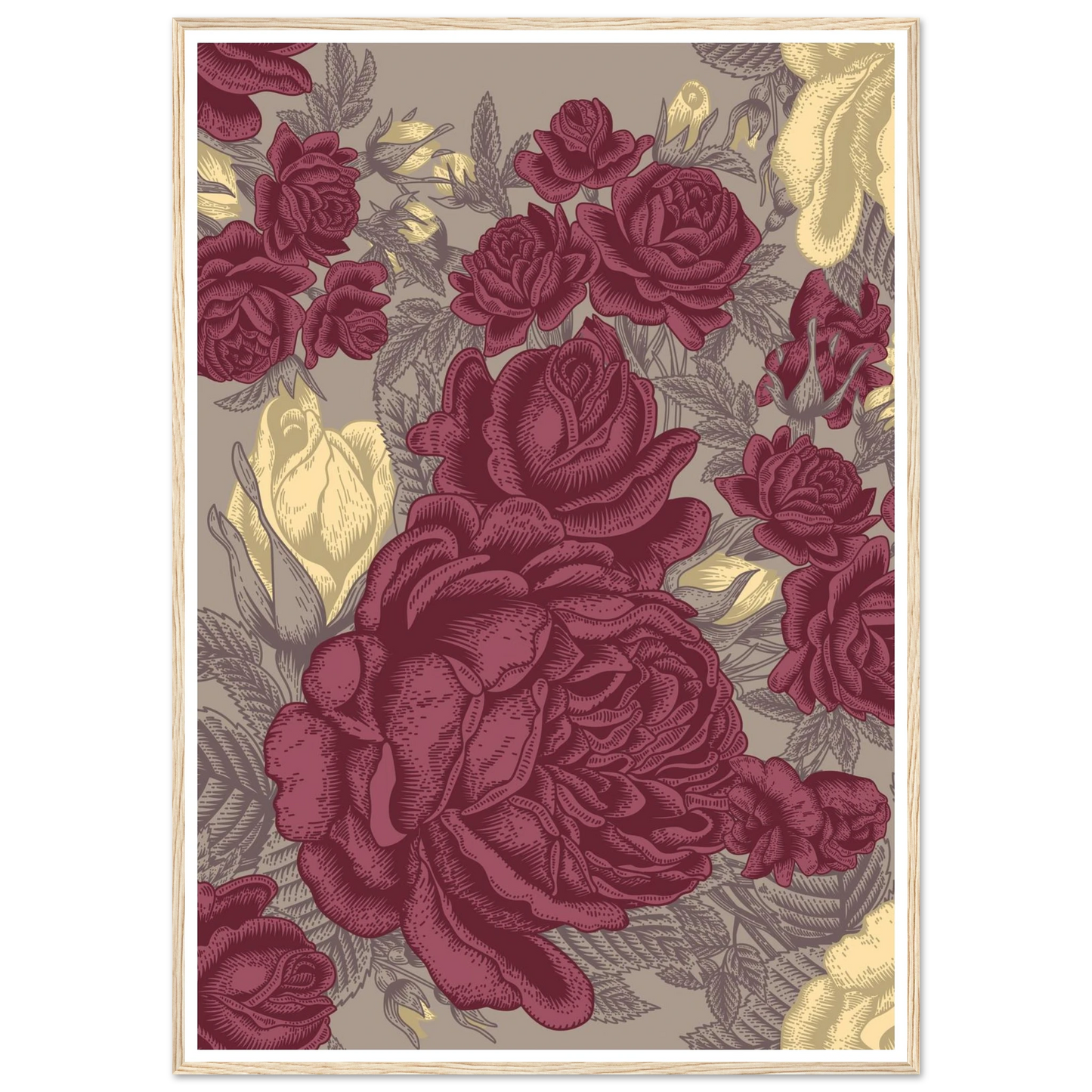 Maroon Rose Posy Art Print | William Morris Inspired - Framed Poster - 30x30 cm / 12x12″ - Black frame