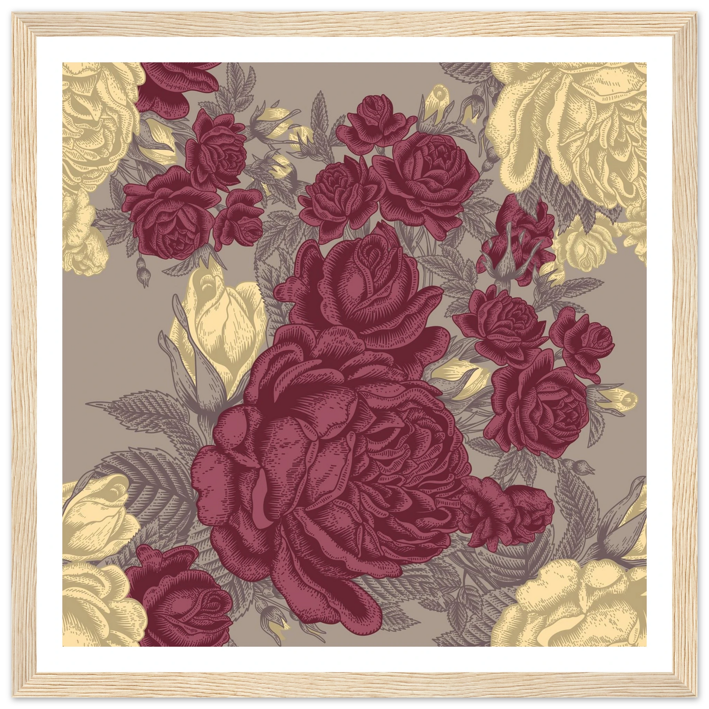 Maroon Rose Posy Art Print | William Morris Inspired - Framed Poster - 30x30 cm / 12x12″ - Black frame