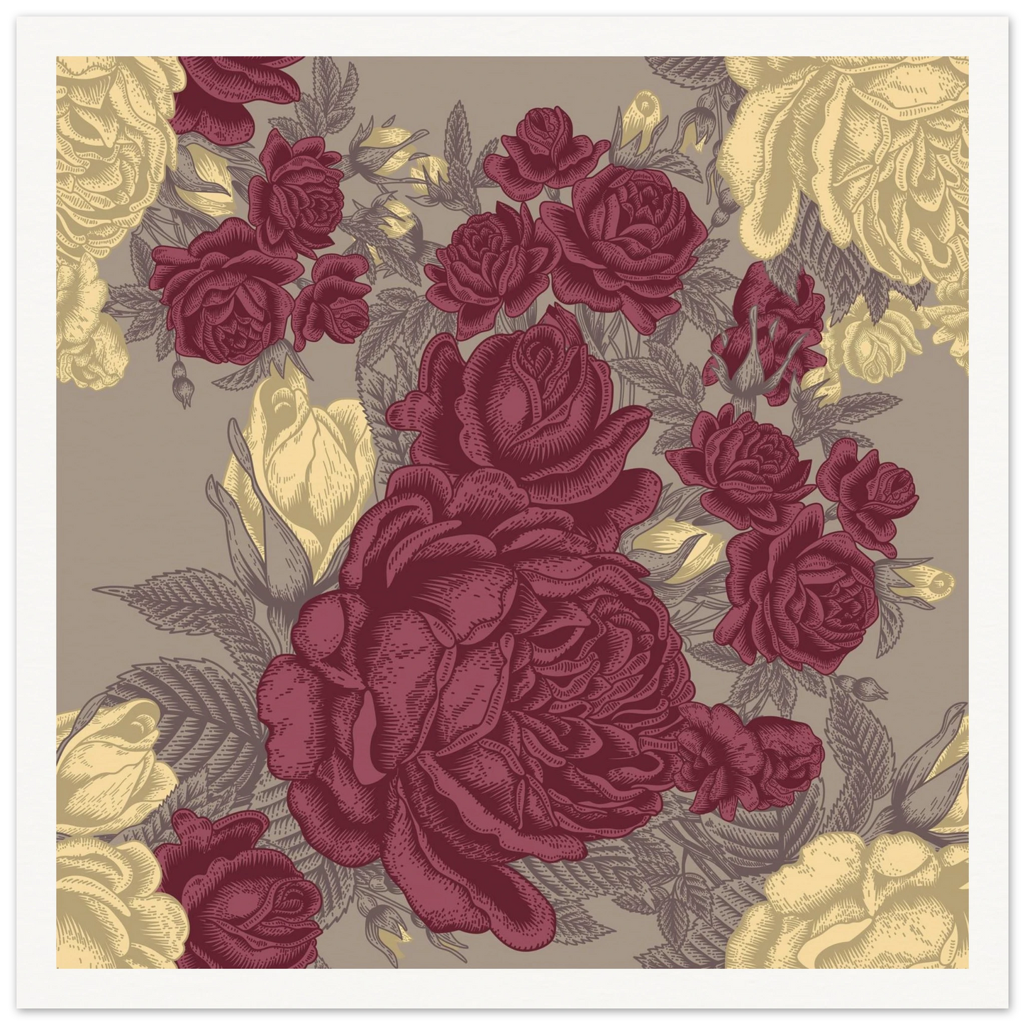 Maroon Rose Posy Art Print | William Morris Inspired - Framed Poster - 30x30 cm / 12x12″ - Black frame