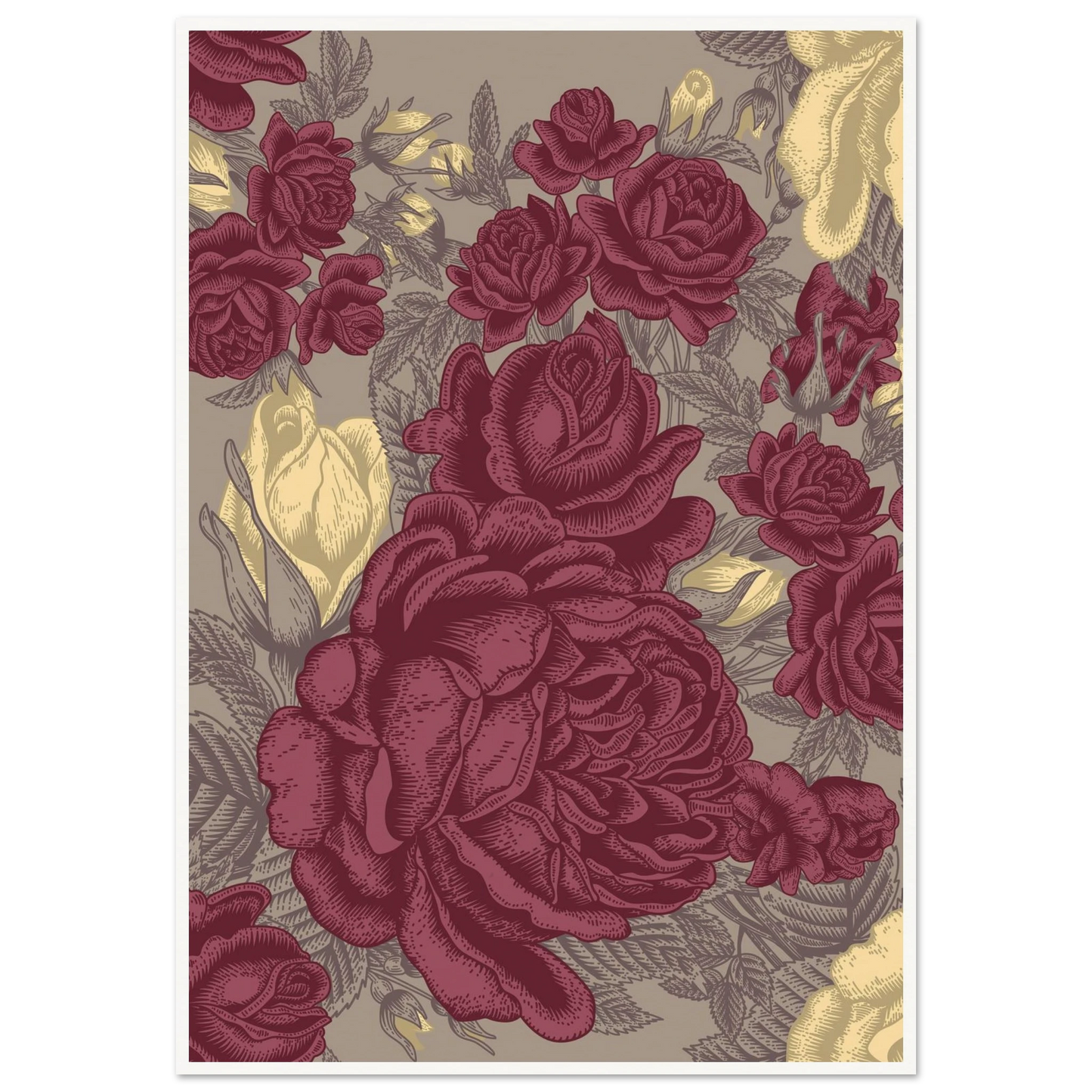 Maroon Rose Posy Art Print | William Morris Inspired - Framed Poster - 30x30 cm / 12x12″ - Black frame