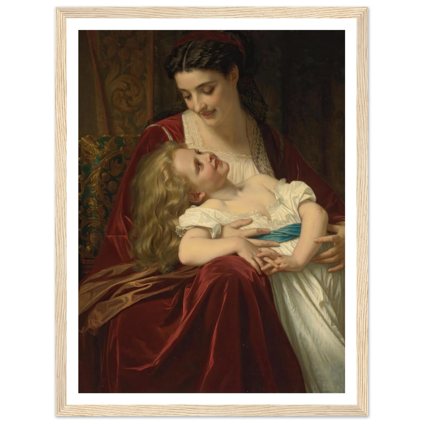 Maternal Affection (1867) Art Print | Hugues Merle - Framed Poster - 30x40 cm / 12x16″ - Black frame