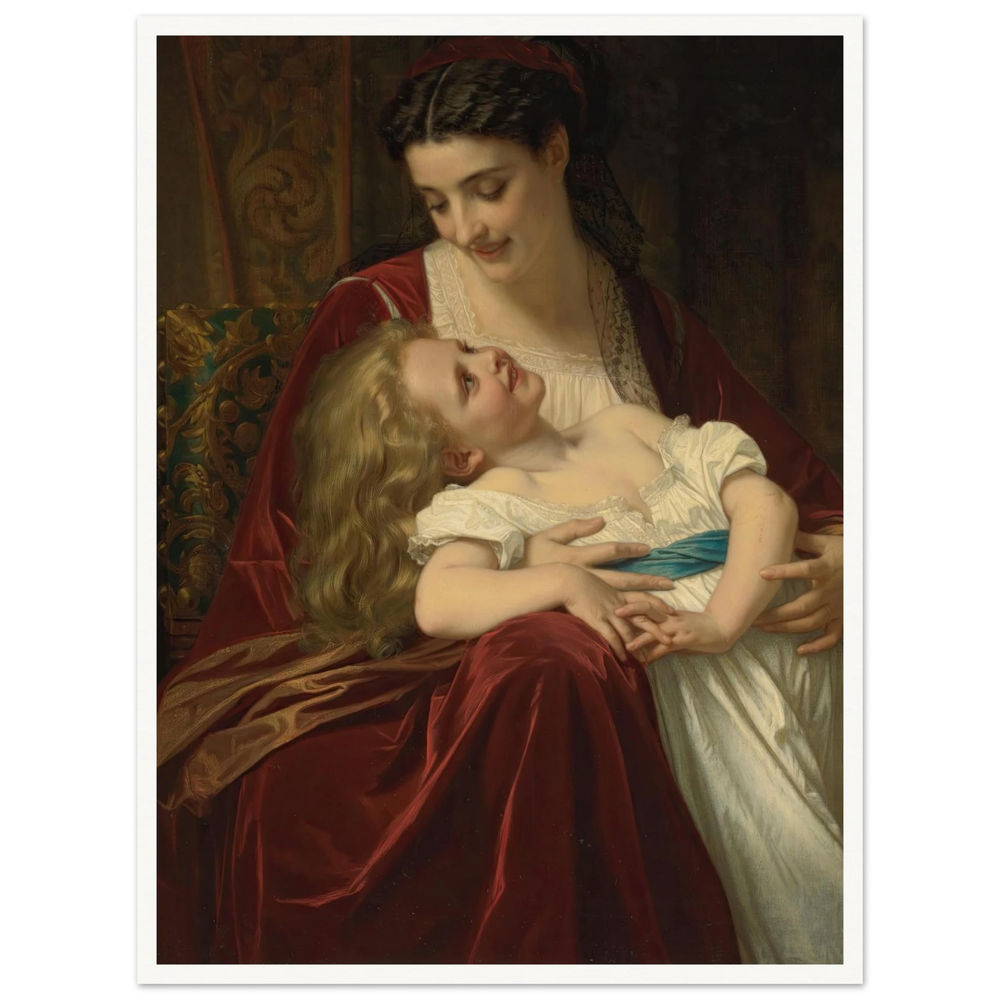 Maternal Affection (1867) Art Print | Hugues Merle - Framed Poster - 30x40 cm / 12x16″ - Black frame