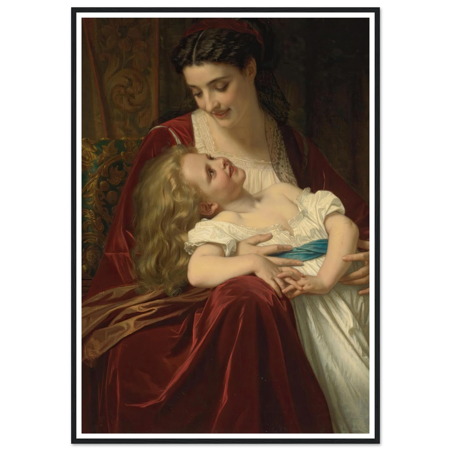 Maternal Affection (1867) Art Print | Hugues Merle - Framed Poster - 30x40 cm / 12x16″ - Black frame