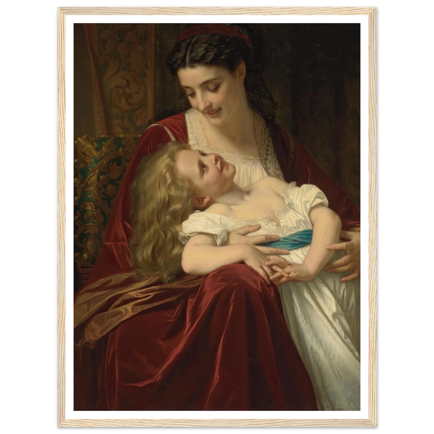 Maternal Affection (1867) Art Print | Hugues Merle - Framed Poster - 30x40 cm / 12x16″ - Black frame