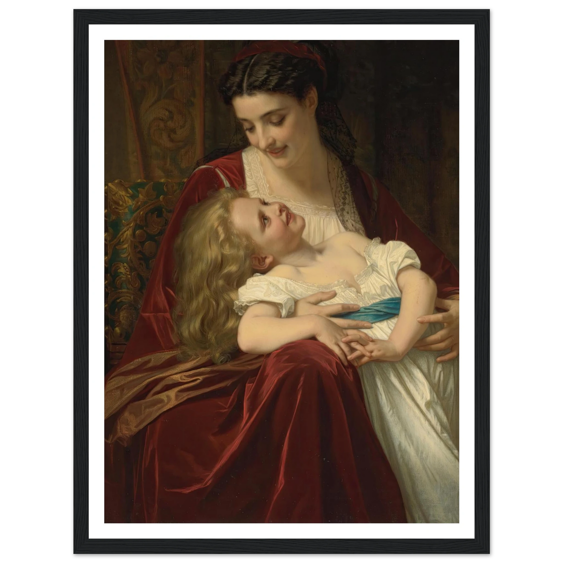 Maternal Affection (1867) Art Print | Hugues Merle - Framed Poster - 30x40 cm / 12x16″ - Black frame