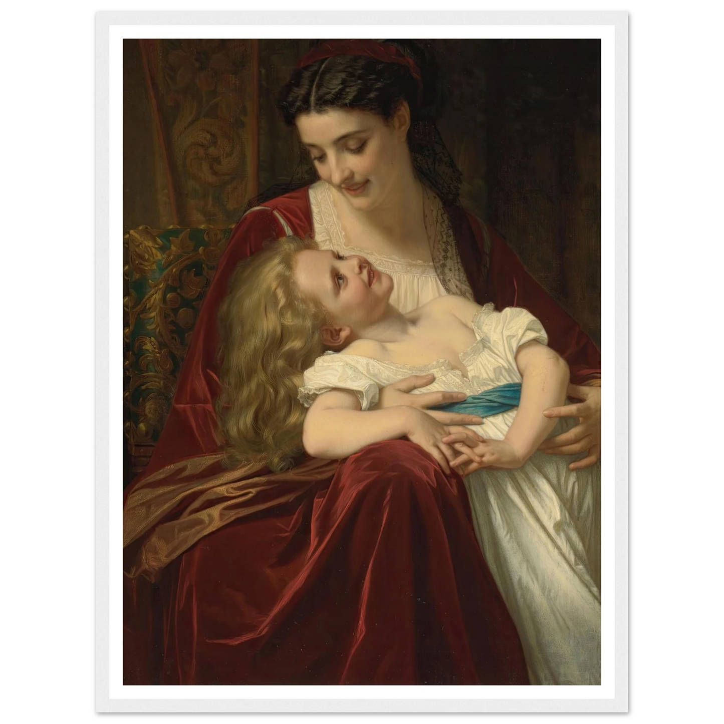 Maternal Affection (1867) Art Print | Hugues Merle - Framed Poster - 30x40 cm / 12x16″ - Black frame