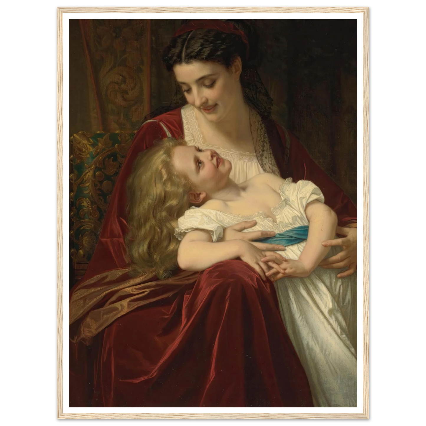Maternal Affection (1867) Art Print | Hugues Merle - Framed Poster - 30x40 cm / 12x16″ - Black frame
