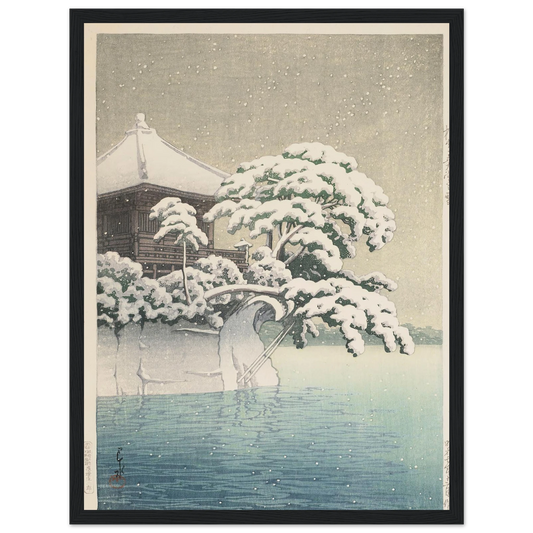 Matsushima Godaido no yuki (Snow at Godaido Temple in Matsushima) (1932) Art Print | Kawase Hasui - Framed Poster - 30x40 cm / 12x16″ - Black frame