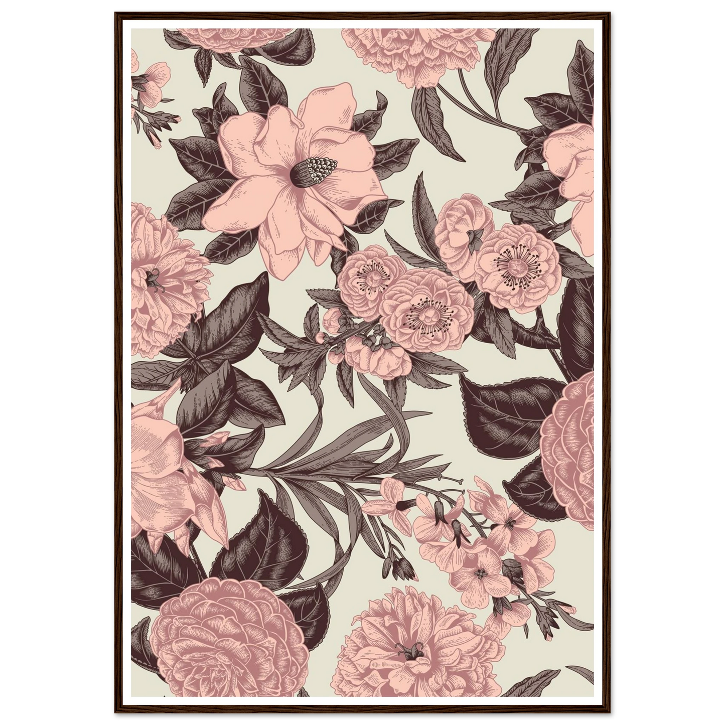 Mauve Magnolia Sketch Art Print | William Morris Inspired - Framed Poster - 30x30 cm / 12x12″ - Black frame