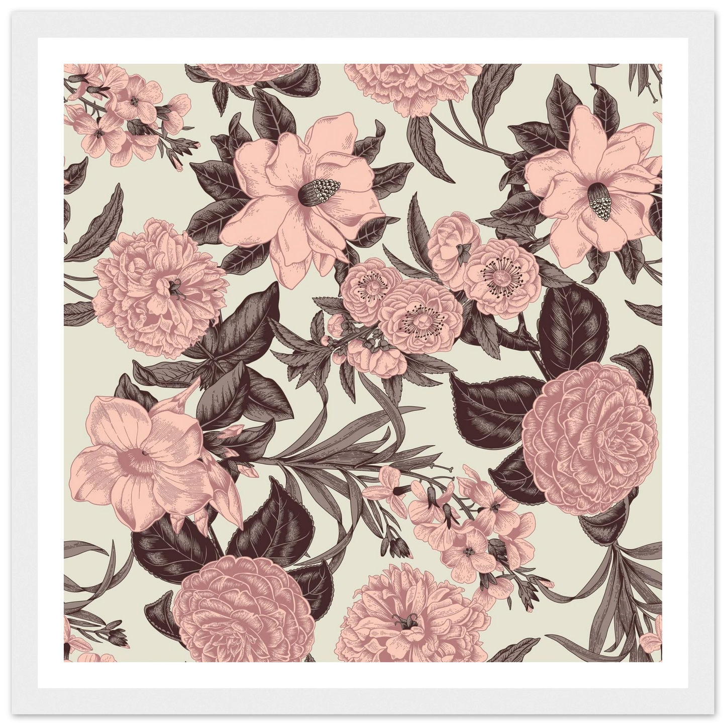 Mauve Magnolia Sketch Art Print | William Morris Inspired - Framed Poster - 30x30 cm / 12x12″ - Black frame