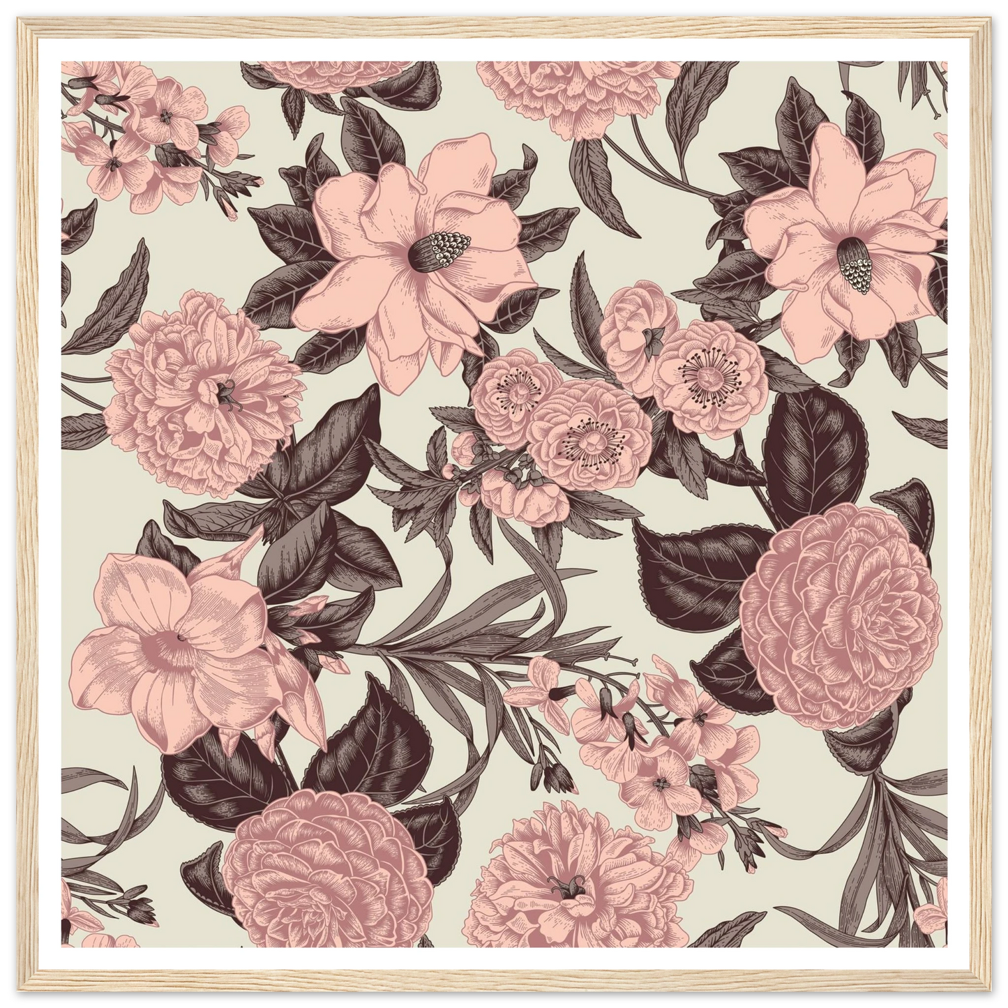 Mauve Magnolia Sketch Art Print | William Morris Inspired - Framed Poster - 30x30 cm / 12x12″ - Black frame