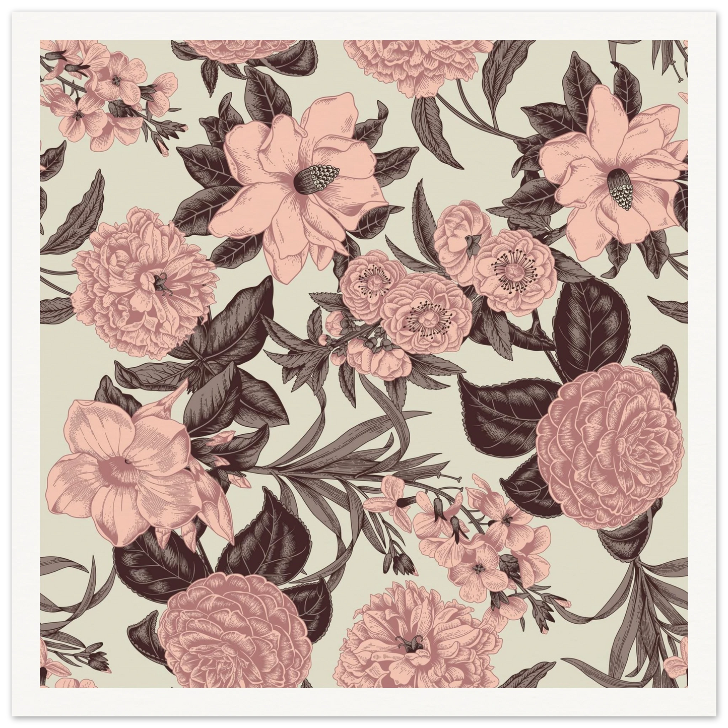 Mauve Magnolia Sketch Art Print | William Morris Inspired - Framed Poster - 30x30 cm / 12x12″ - Black frame