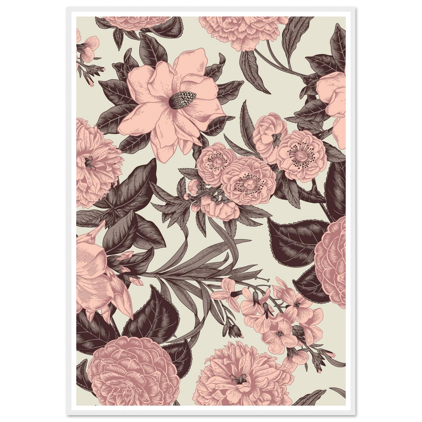 Mauve Magnolia Sketch Art Print | William Morris Inspired - Framed Poster - 30x30 cm / 12x12″ - Black frame