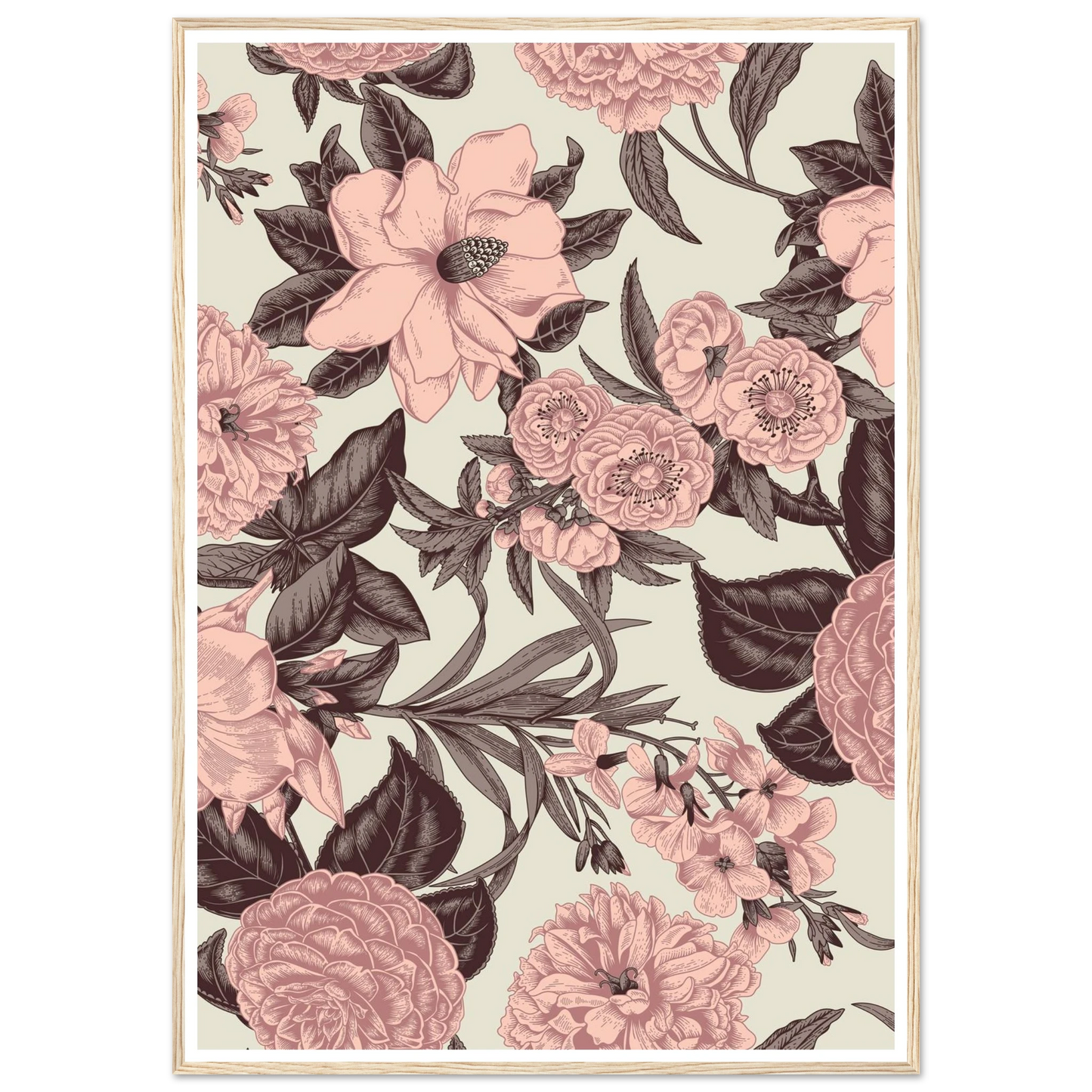 Mauve Magnolia Sketch Art Print | William Morris Inspired - Framed Poster - 30x30 cm / 12x12″ - Black frame