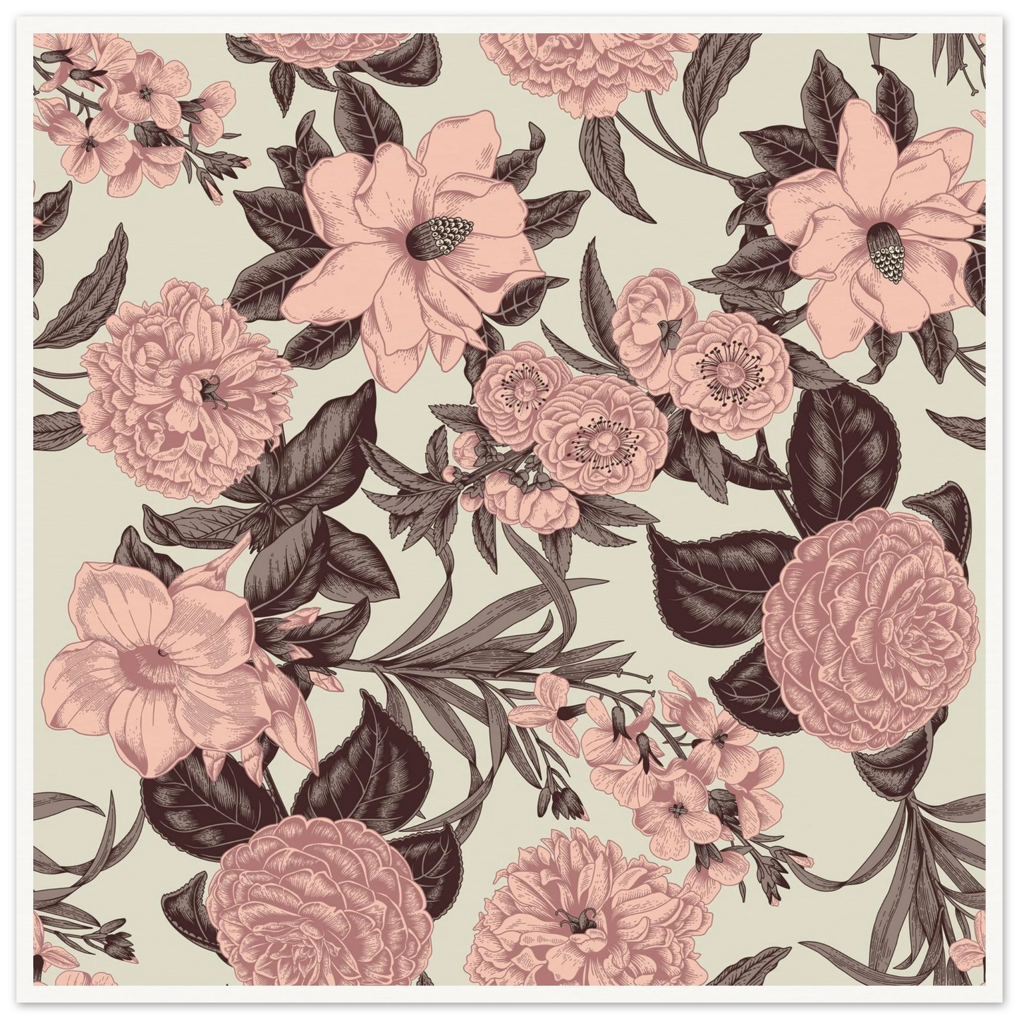 Mauve Magnolia Sketch Art Print | William Morris Inspired - Framed Poster - 30x30 cm / 12x12″ - Black frame