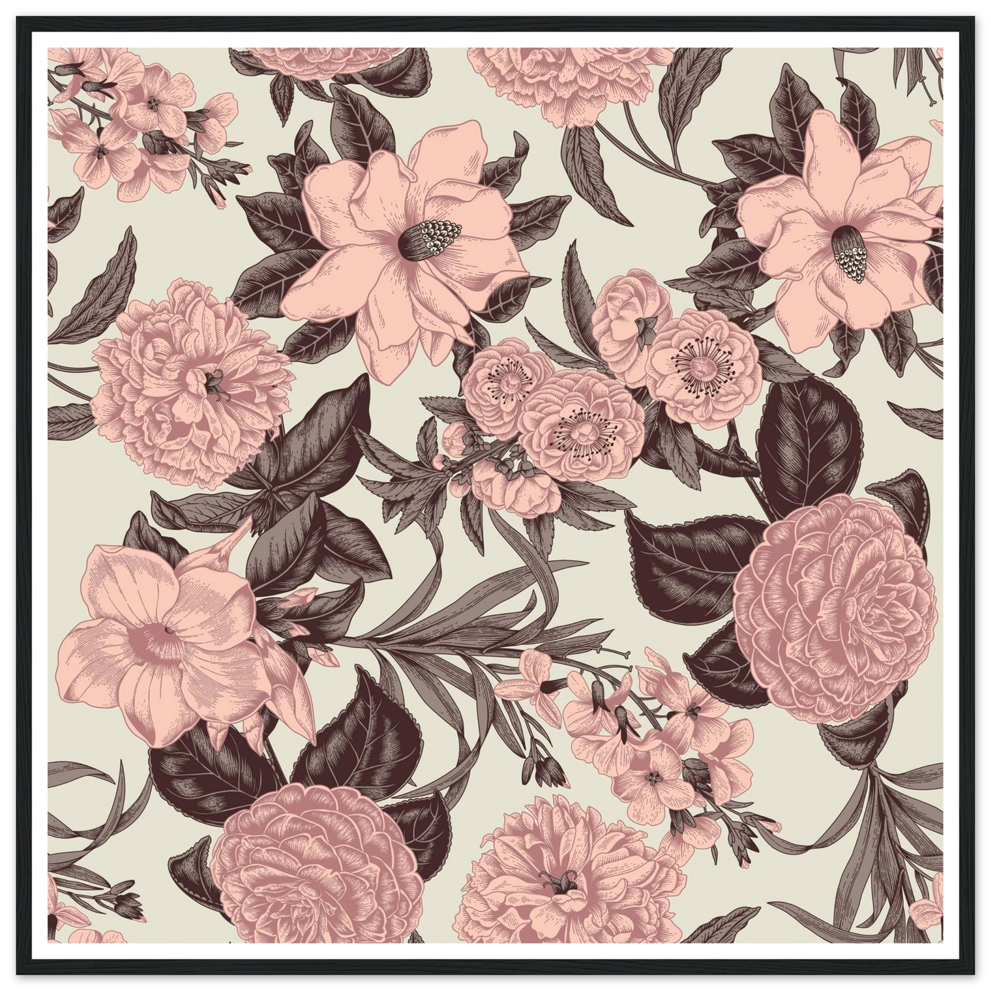 Mauve Magnolia Sketch Art Print | William Morris Inspired - Framed Poster - 30x30 cm / 12x12″ - Black frame