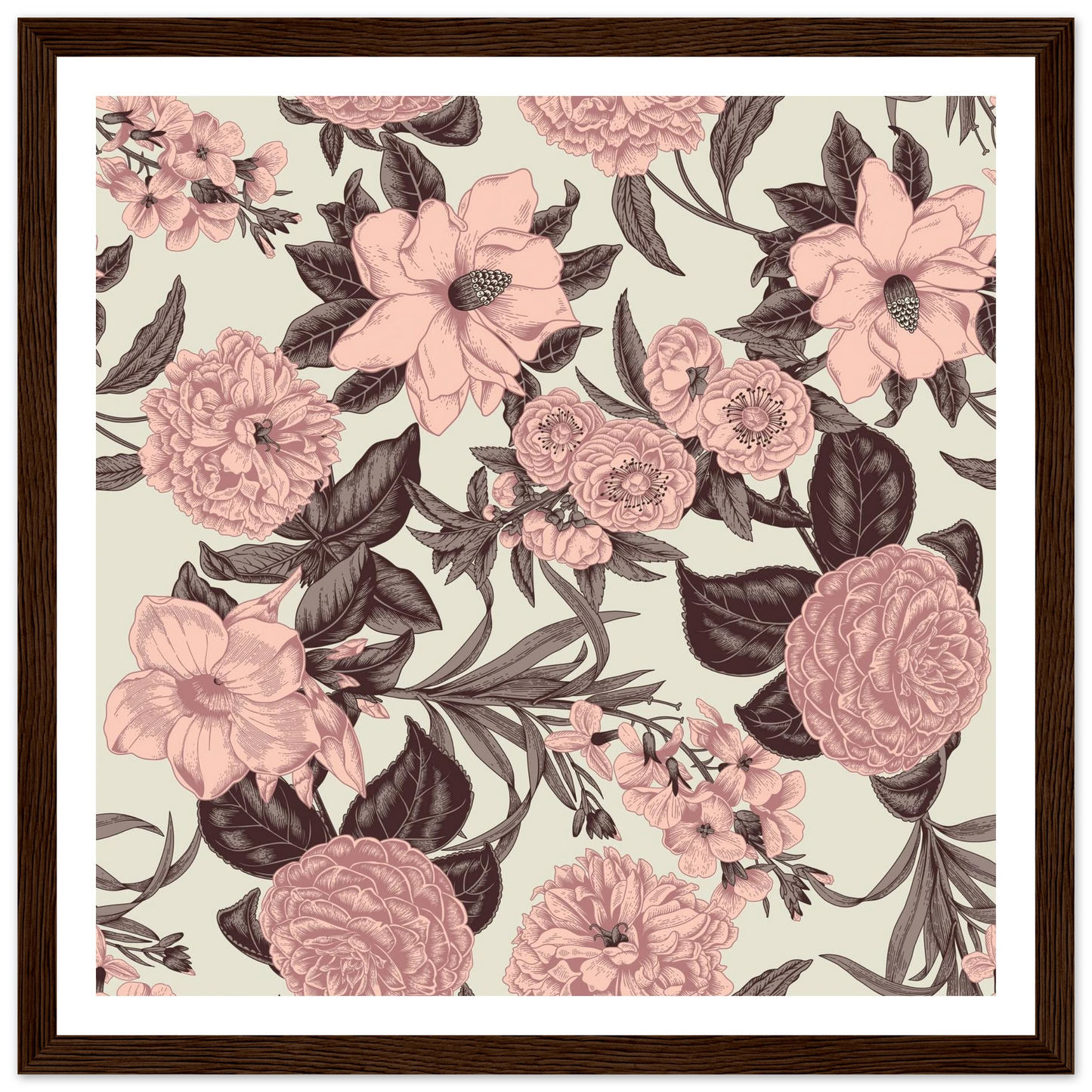 Mauve Magnolia Sketch Art Print | William Morris Inspired - Framed Poster - 30x30 cm / 12x12″ - Black frame