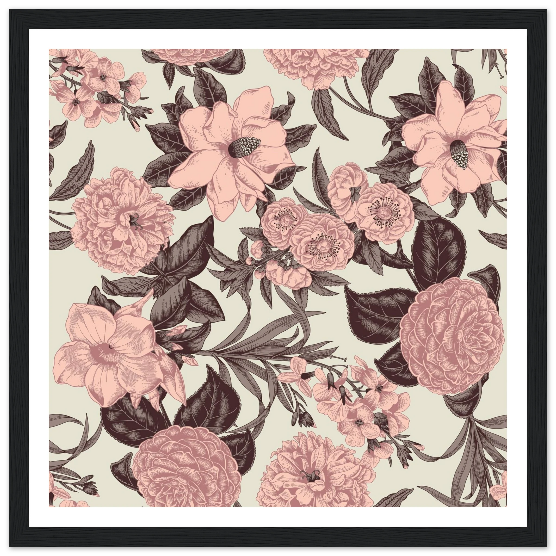 Mauve Magnolia Sketch Art Print | William Morris Inspired - Framed Poster - 30x30 cm / 12x12″ - Black frame