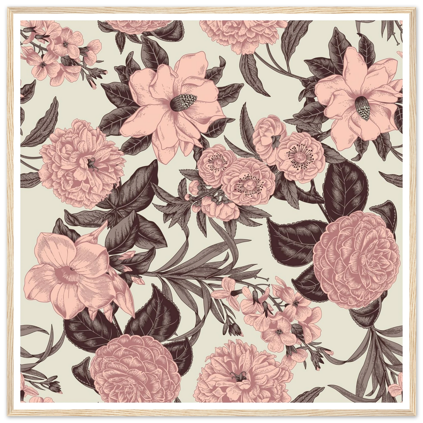 Mauve Magnolia Sketch Art Print | William Morris Inspired - Framed Poster - 30x30 cm / 12x12″ - Black frame