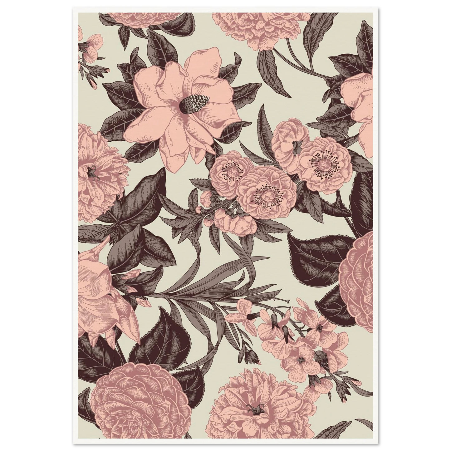 Mauve Magnolia Sketch Art Print | William Morris Inspired - Framed Poster - 30x30 cm / 12x12″ - Black frame