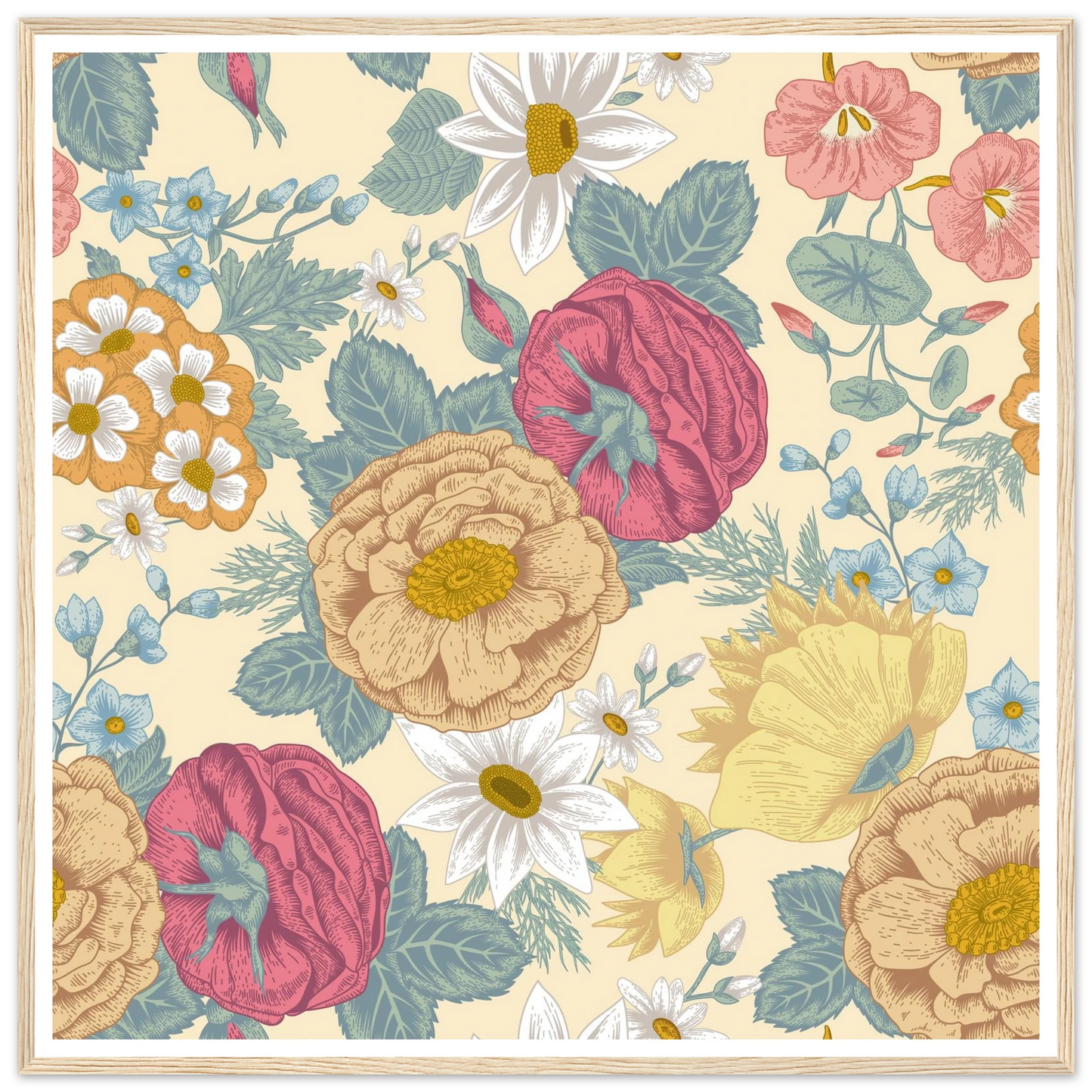 Meadow Haze Peony Art Print | William Morris Inspired - Framed Poster - 30x30 cm / 12x12″ - Black frame