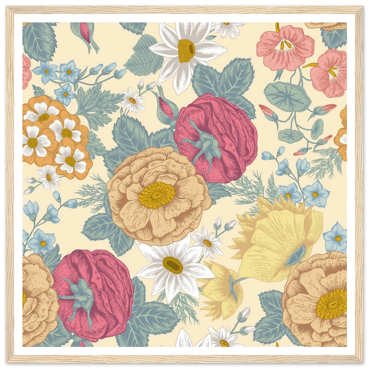 Meadow Haze Peony Art Print | William Morris Inspired - Framed Poster - 30x30 cm / 12x12″ - Black frame