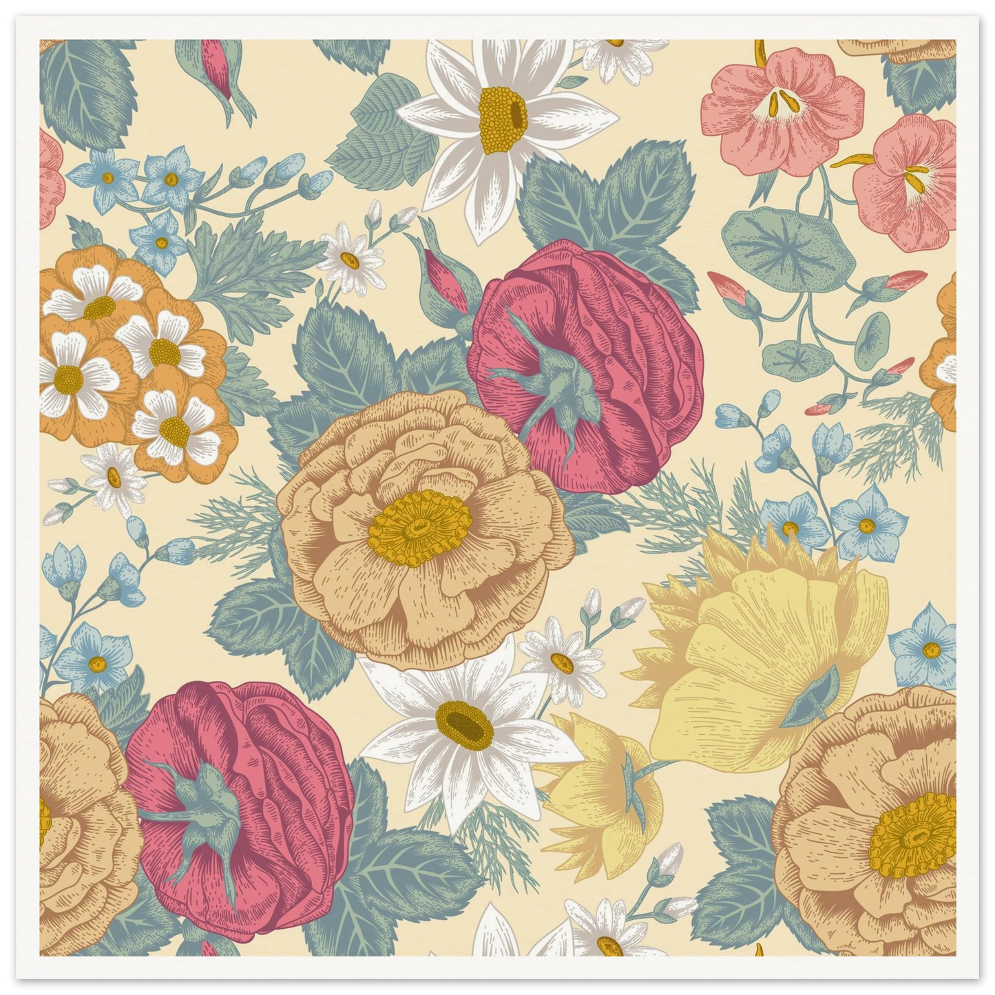 Meadow Haze Peony Art Print | William Morris Inspired - Framed Poster - 30x30 cm / 12x12″ - Black frame