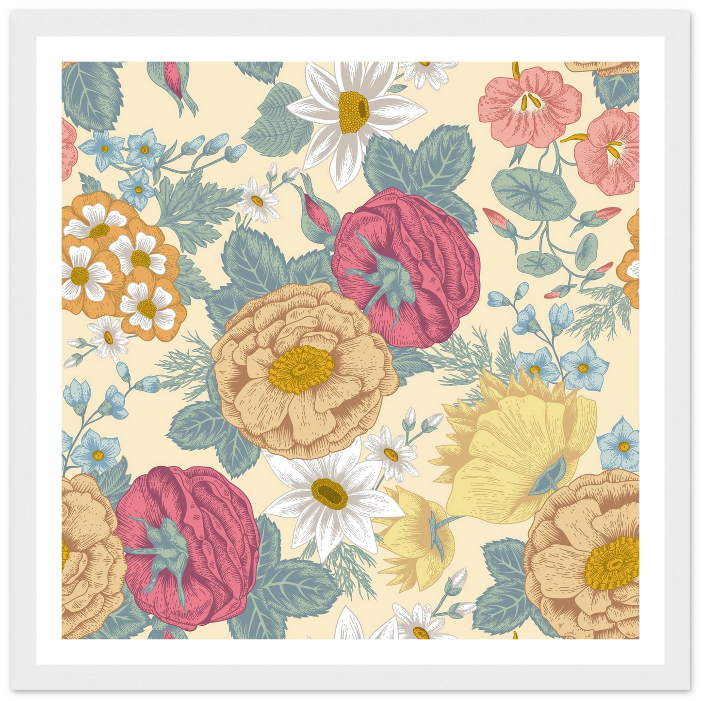 Meadow Haze Peony Art Print | William Morris Inspired - Framed Poster - 30x30 cm / 12x12″ - Black frame