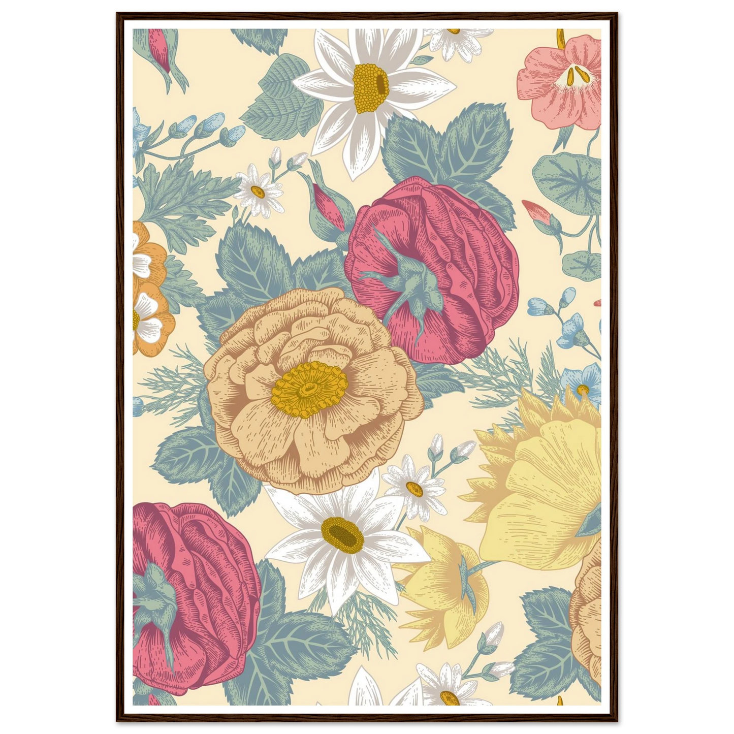 Meadow Haze Peony Art Print | William Morris Inspired - Framed Poster - 30x30 cm / 12x12″ - Black frame