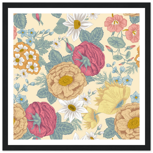 Meadow Haze Peony Art Print | William Morris Inspired - Framed Poster - 30x30 cm / 12x12″ - Black frame