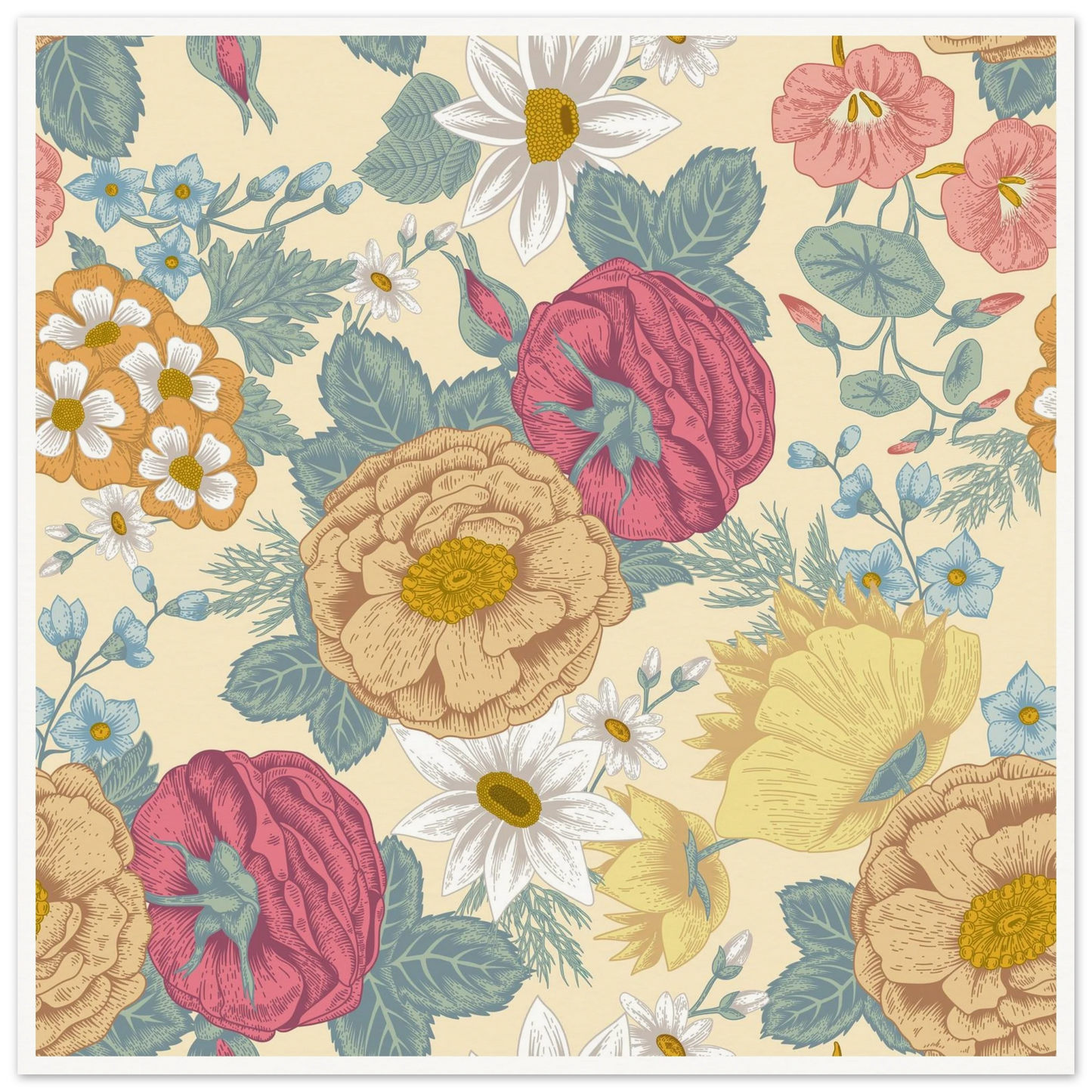 Meadow Haze Peony Art Print | William Morris Inspired - Framed Poster - 30x30 cm / 12x12″ - Black frame