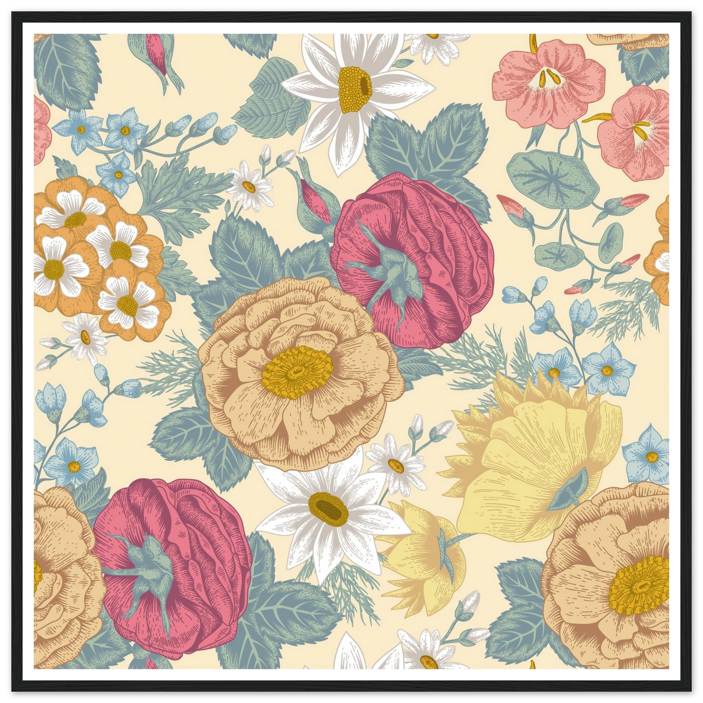 Meadow Haze Peony Art Print | William Morris Inspired - Framed Poster - 30x30 cm / 12x12″ - Black frame