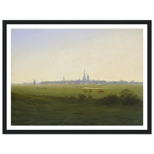 Meadows near Greifswald Art Print | Caspar David Friedrich - Framed Poster - 30x40 cm / 12x16″ - Black frame