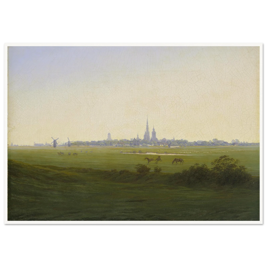 Meadows near Greifswald Art Print | Caspar David Friedrich - Framed Poster - 30x40 cm / 12x16″ - Black frame