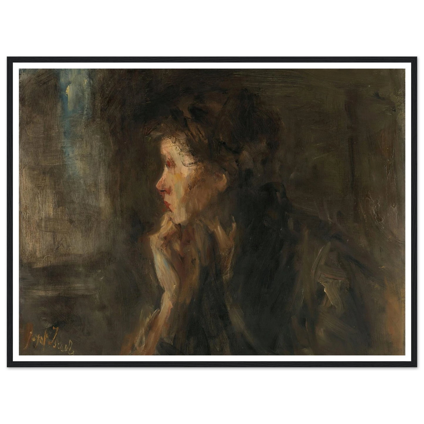‘Meditation’ (1896) Art Print | Jozef Israels - Framed Poster - 30x40 cm / 12x16″ - Black frame