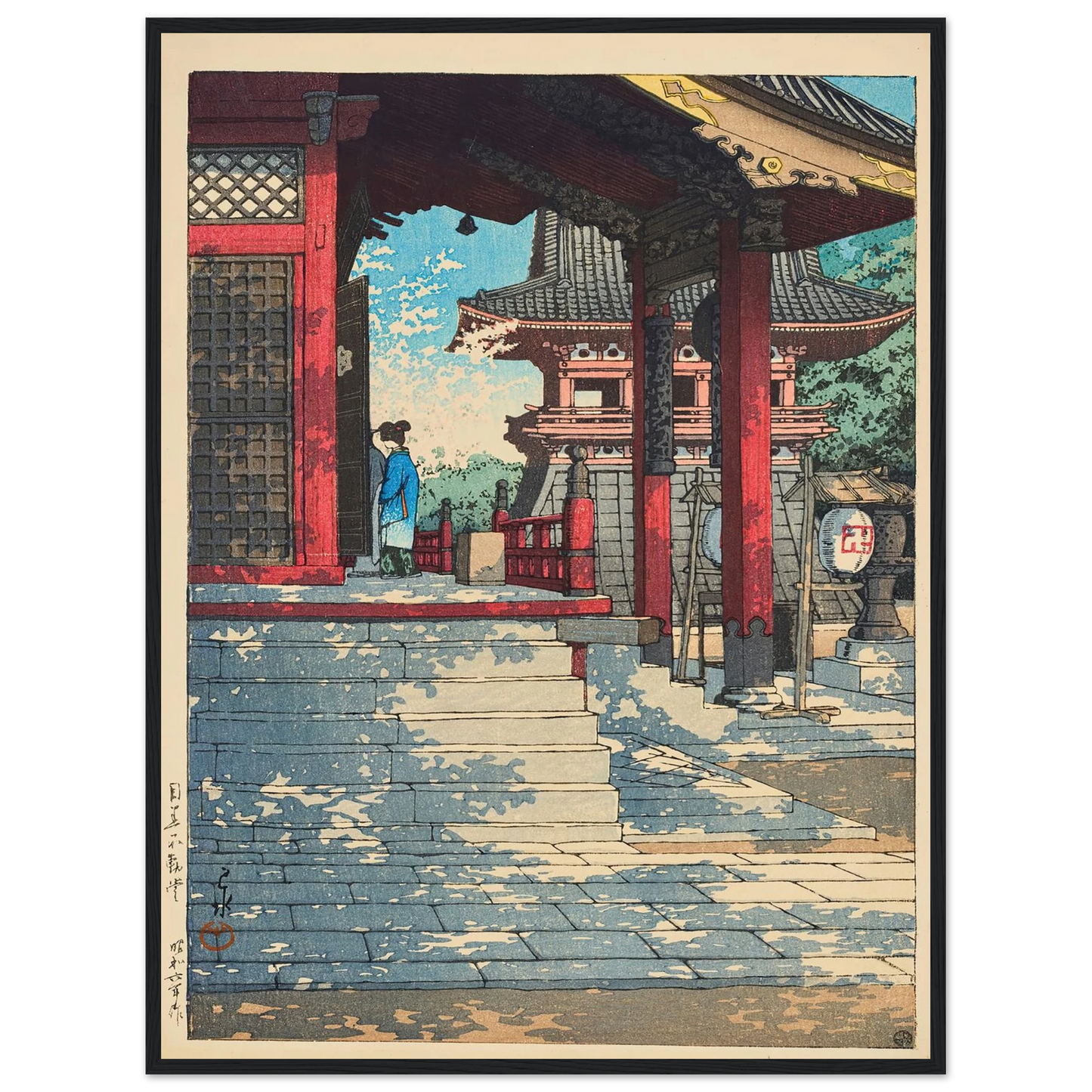 Meguro Fudodo (Fudo Hall in Meguro) (1931) Art Print | Kawase Hasui - Framed Poster - 30x40 cm / 12x16″ - Black frame