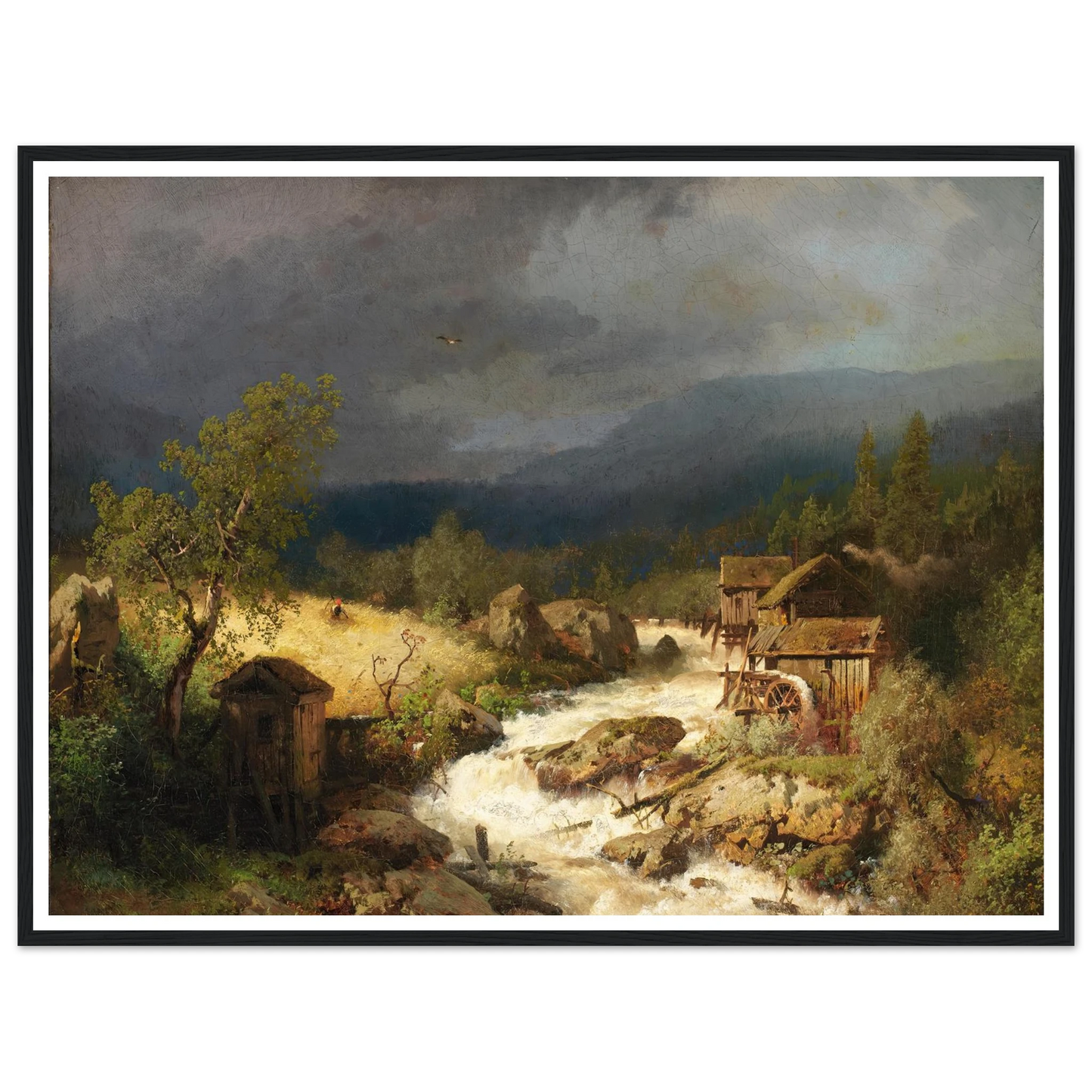 Mill on a Torrent (1871) Art Print | Hermann Ottomar Herzog - Framed Poster - 30x40 cm / 12x16″ - Black frame