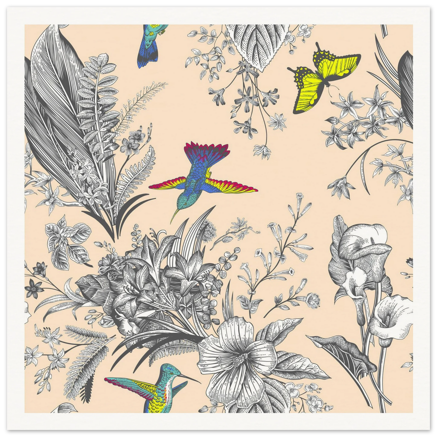 Monochrome Tropical Flight Art Print | William Morris Inspired - Framed Poster - 30x30 cm / 12x12″ - Black frame